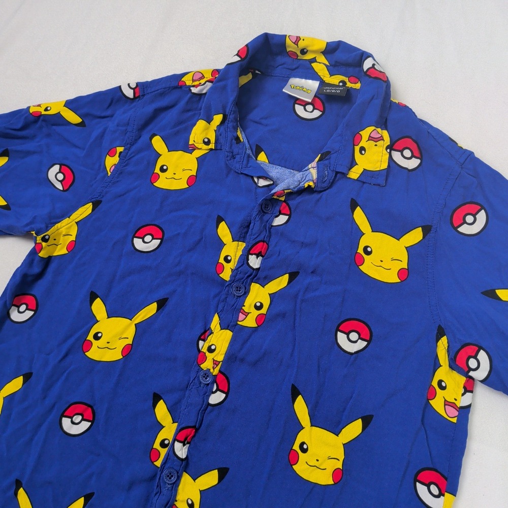 Pokemon Pikachu Poke Ball Blue Button Up Shirt Boys Large